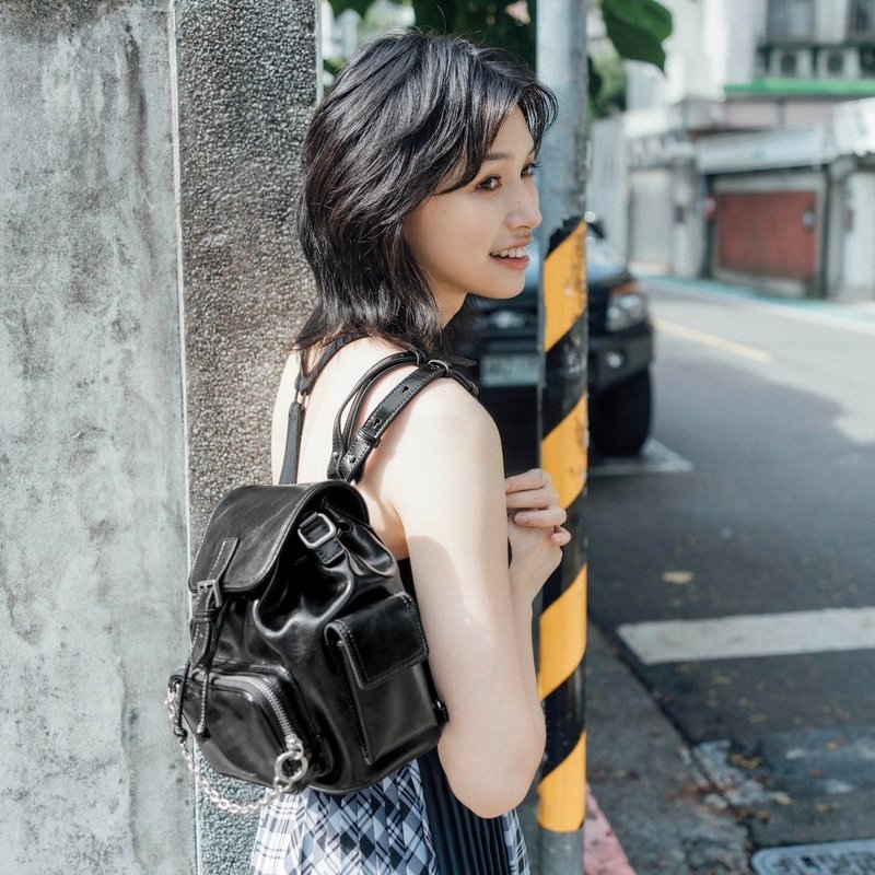 【新品上架】Haari皮革背包 - 黑色 女装真皮双肩包 - 后背包/双肩包 - 真皮 黑色