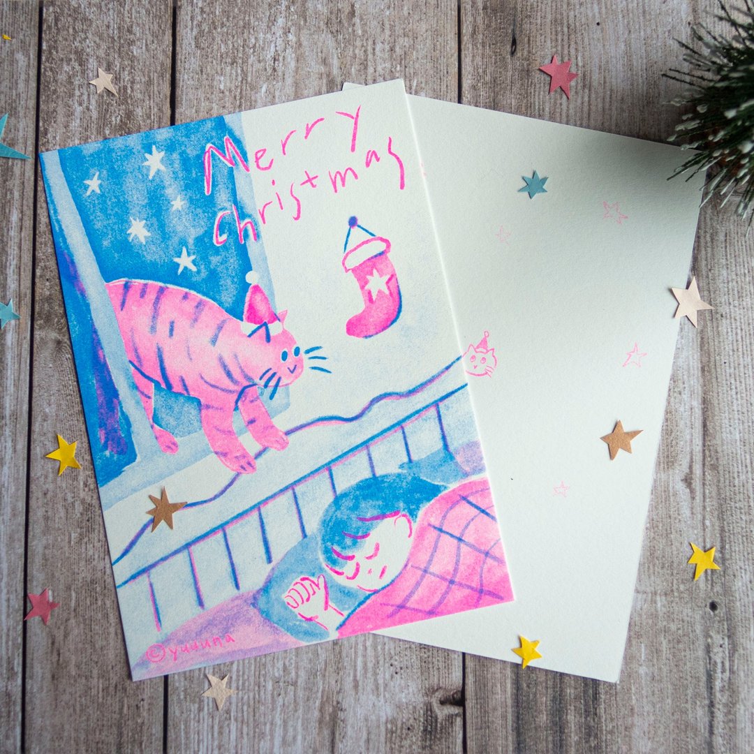 【圣诞明信片】圣诞猫闯民宅 (数位孔版 Risograph) - 卡片/明信片 - 纸 蓝色