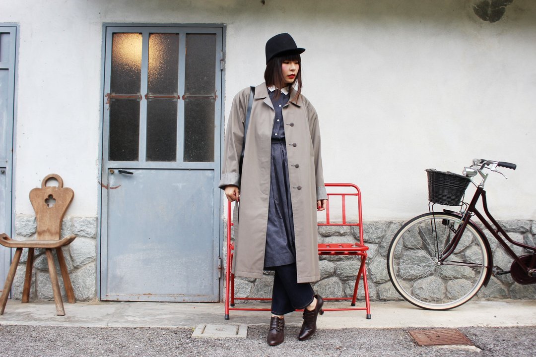 F3015[Vintage外套]Trench coat绿色与灰色格纹双面着穿附腰绑带风衣外套 - 女装西装外套/风衣 - 棉 绿色