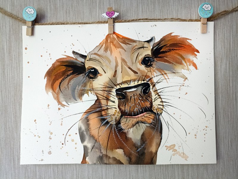 Watercolor original art cow animal room decor painting by Anne Gorywine - 墙贴/壁贴 - 纸 蓝色