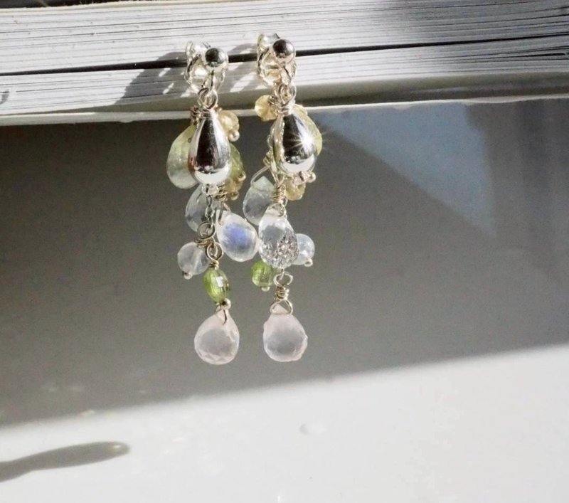 朝露 | 海蓝宝石、月光石、粉晶水滴 925银 耳环 - 耳环/耳夹 - 半宝石 多色