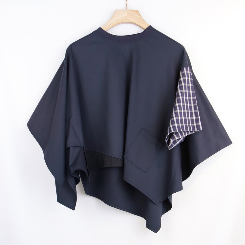 深蓝 - 两穿袖设计不规则拼接上衣 #T1345 - 女装上衣 - 聚酯纤维 蓝色