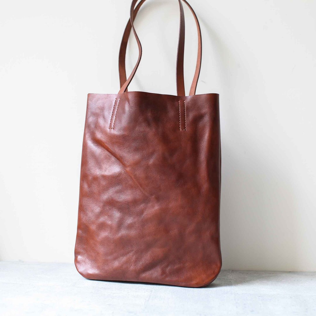 故事纹路咖啡色植鞣真皮牛皮肩背托特 tote 包 - 侧背包/斜挎包 - 真皮 橘色
