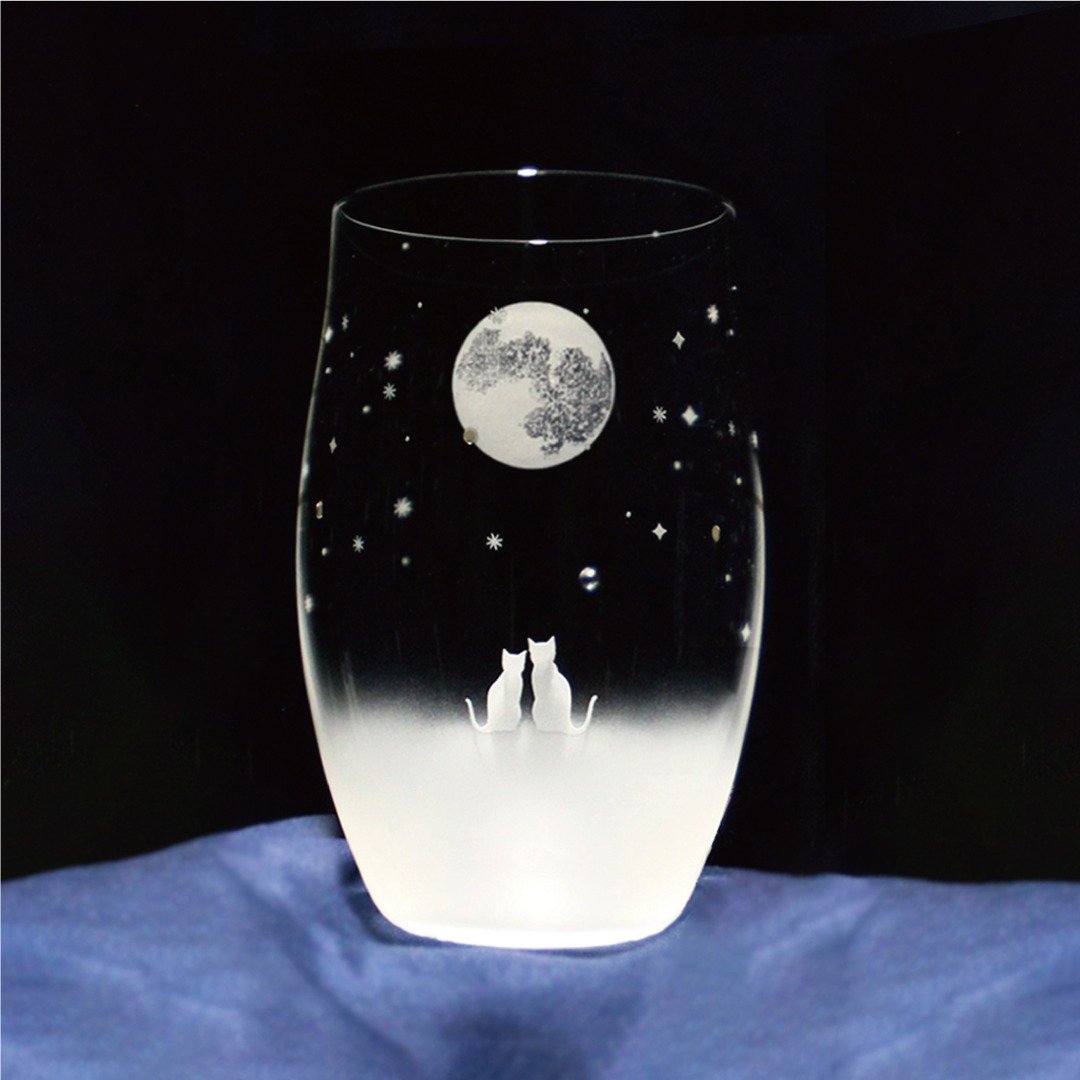 一起欣赏满月的夜空 / L尺寸猫咪图案玻璃杯 - 玻璃杯 - 玻璃 透明