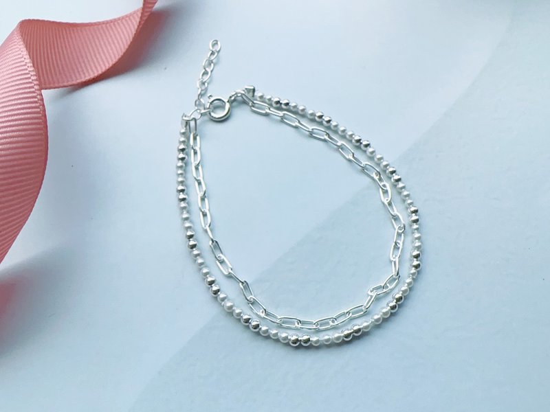 天然珍珠 小银珠 纯银手链 优雅质感 双链设计 七夕情人节 - 手链/手环 - 纯银 银色