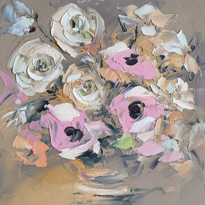 Poppy Painting Rose Original Art Floral Oil Painting Pink Flowers Artwork - 墙贴/壁贴 - 木头 粉红色