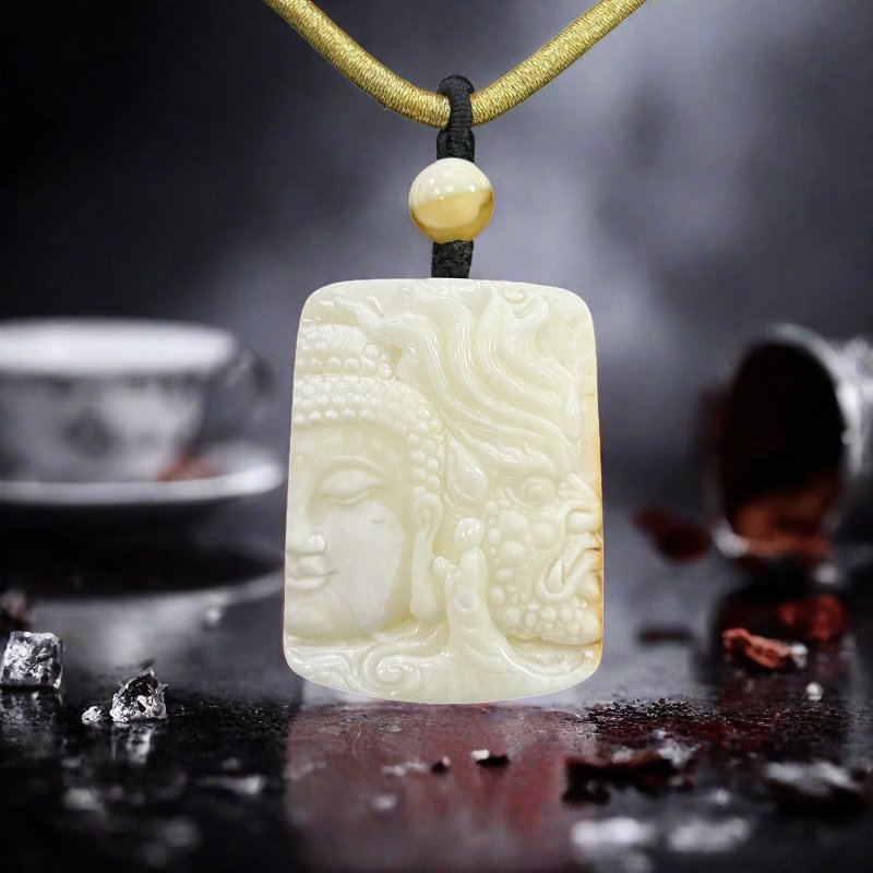 腾彪琥珀 天然琥珀蜜蜡 留皮白蜜蜡 一念之间 精雕藏品 典藏绳链 - 项链 - 半宝石 白色