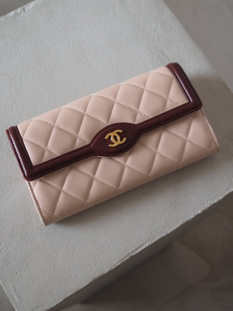 CHANEL 双色长款钱包波尔多粉红复古 - 皮夹/钱包 - 真皮 粉红色