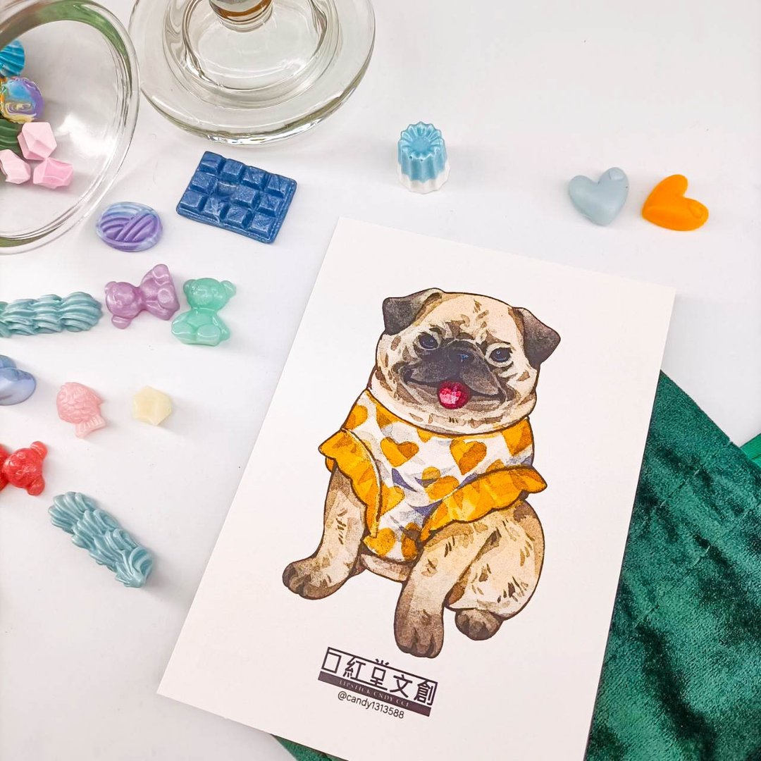 KR474_口紅堂明信片_巴哥犬8_candy1313588 postcard - 卡片/明信片 - 纸 多色