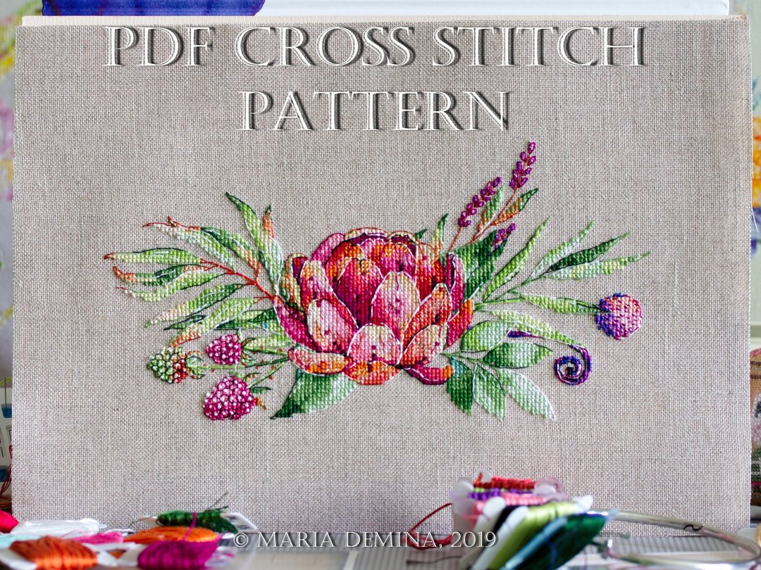 Raspberry & Artichoke Bouquet I - watercolor PDF cross stitch pattern - 手工艺教程/工具书 - 其他材质 