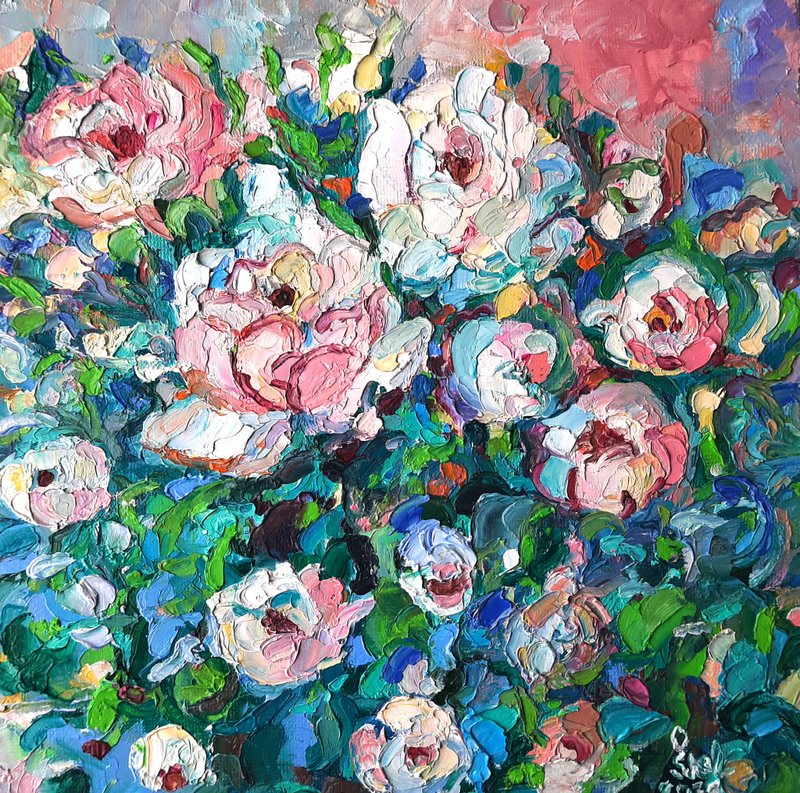 Peonies Painting Original Art  Abstract Flower Impasto Oil Painting by OlgaShel - 海报/装饰画/版画 - 其他材质 粉红色