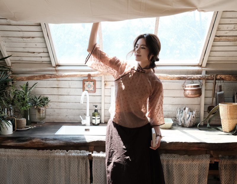 【茸茸】新中式复古中国风/20s植绒波点倒大袖 - 女装上衣 - 其他材质 粉红色