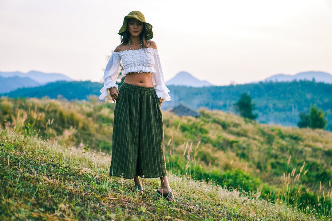Women Green Pants, Green Linen Pants, Linen Cotton Pants, Green Striped Pants - 女装长裤 - 其他材质 