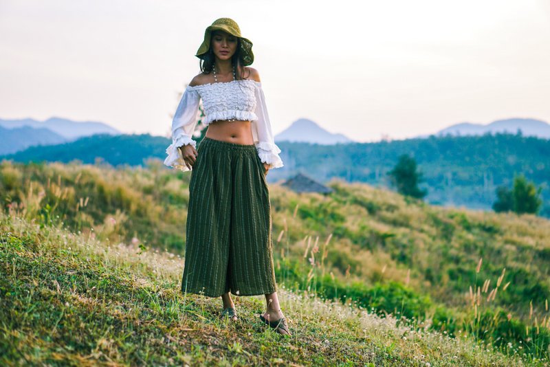 Women Green Pants, Green Linen Pants, Linen Cotton Pants, Green Striped Pants - 女装长裤 - 其他材质 