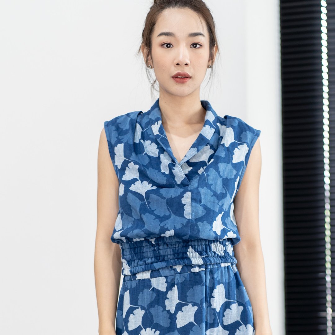 Natural Cotton Blouse with detailed Collar Summer Blouse - Blue Leaf - 女装上衣 - 棉 蓝色