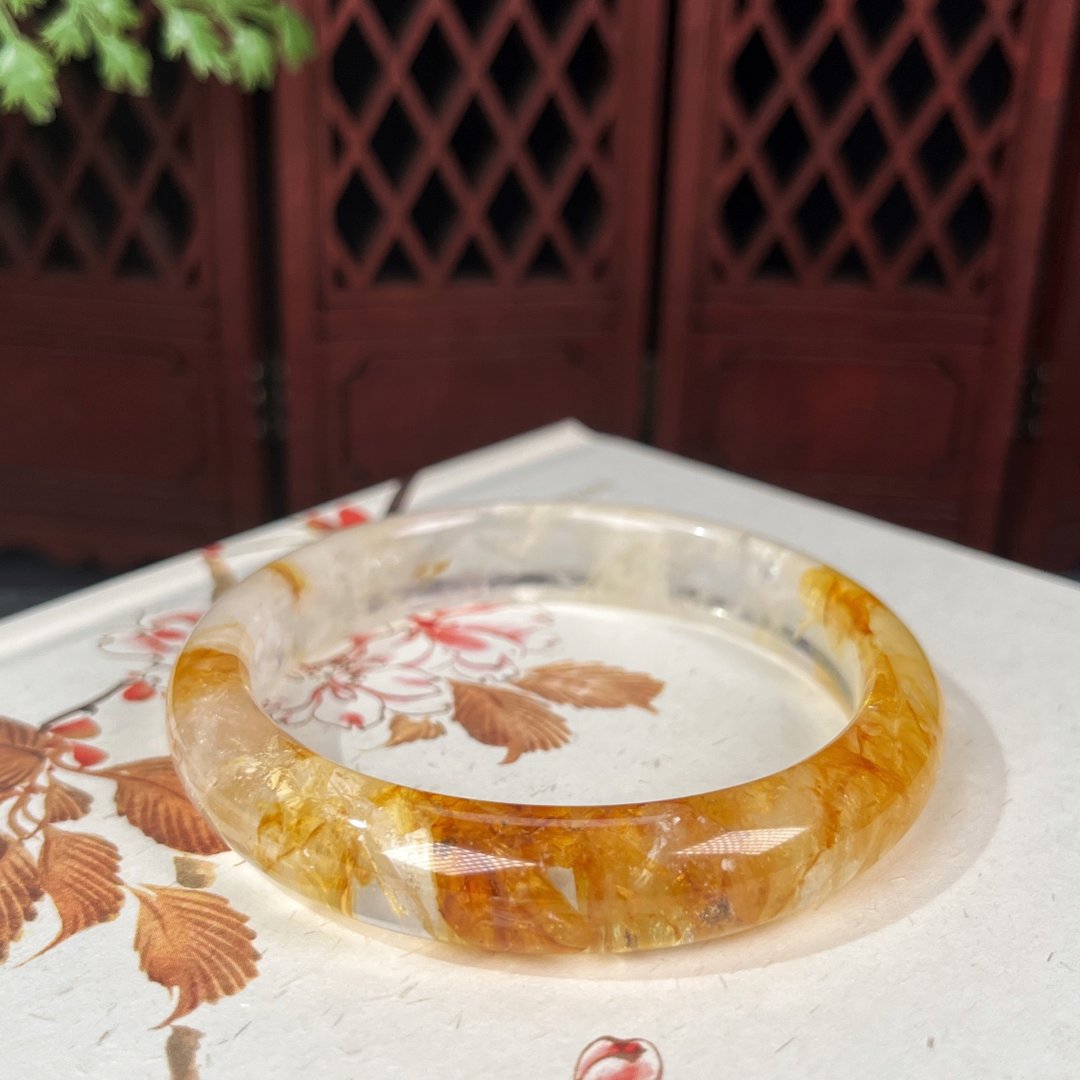 冰透黄胶花手镯58MM 闪片星光 半山半水 焦花黄色水晶手环 旺财运 - 手链/手环 - 水晶 黄色