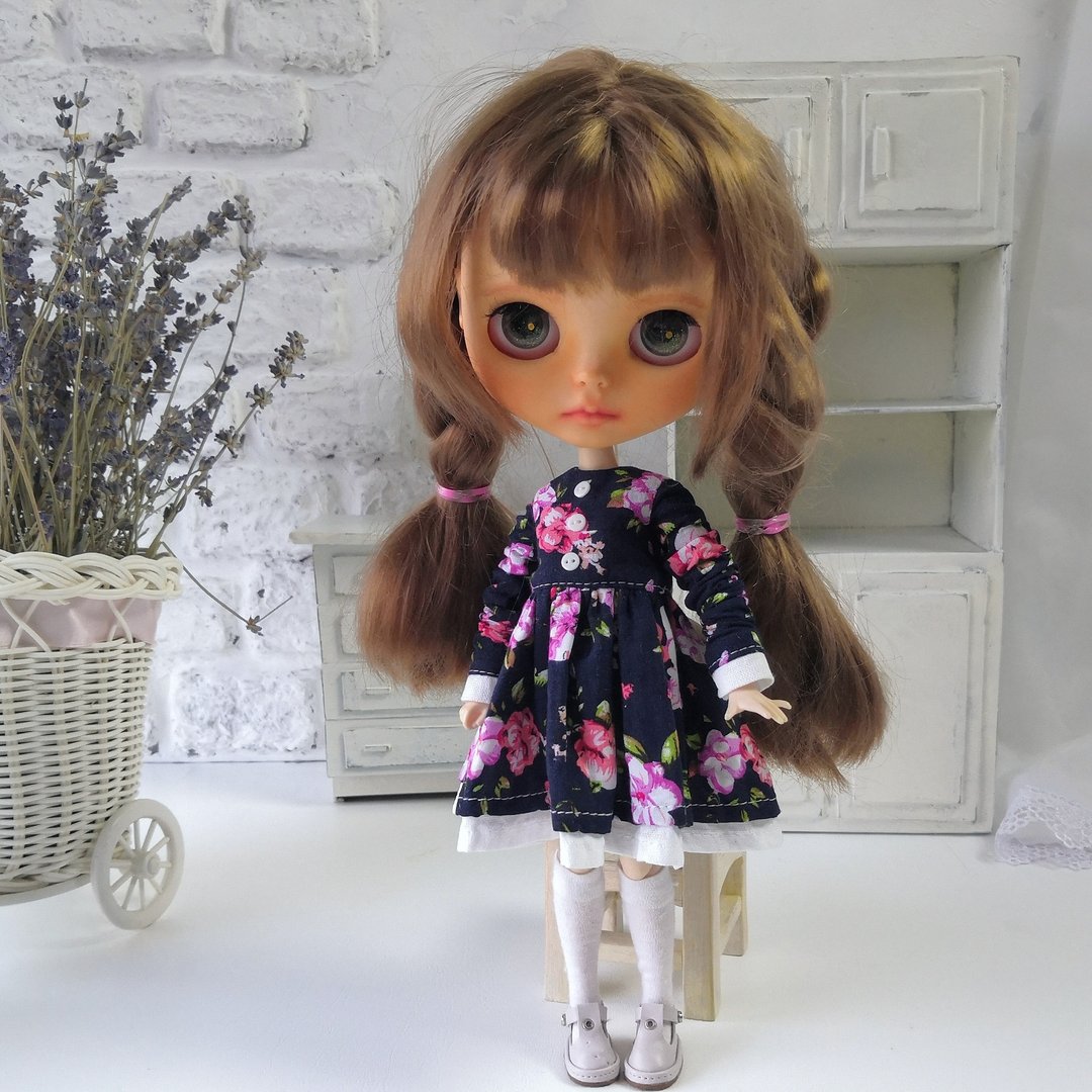 Blythe 娃娃深蓝色碎花连身裙 - 玩偶/公仔 - 棉 
