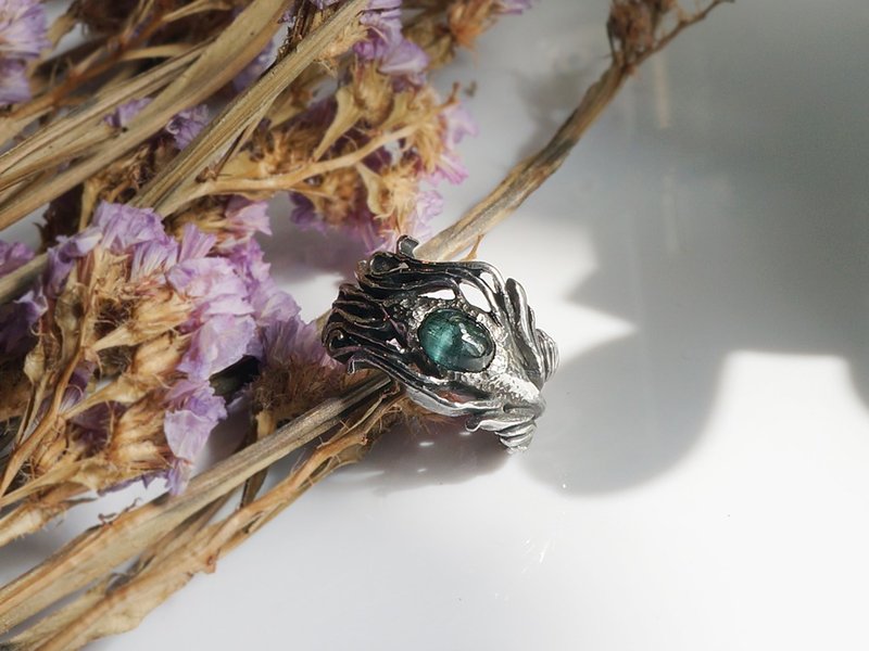 吉祥孔雀羽毛 蓝绿宝碧玺手工纯银戒指 - 戒指 - 纯银 蓝色