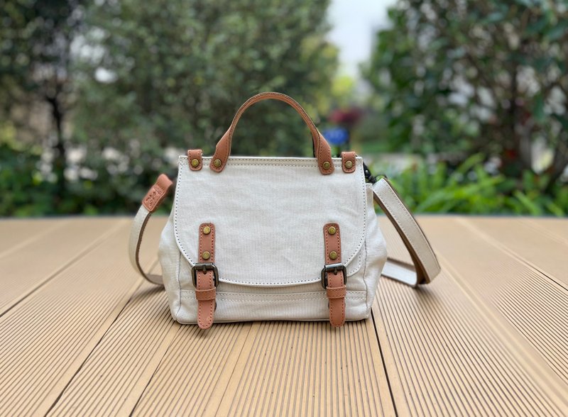 英倫復古帆布郵差包 日系帆布女包 真皮斜挎包 開學季 - 侧背包/斜挎包 - 棉．麻 