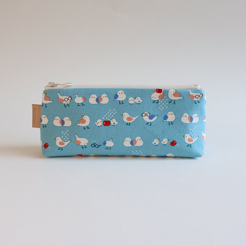手工制作粉蓝可爱鸟儿图样笔袋 - 铅笔盒/笔袋 - 棉．麻 蓝色