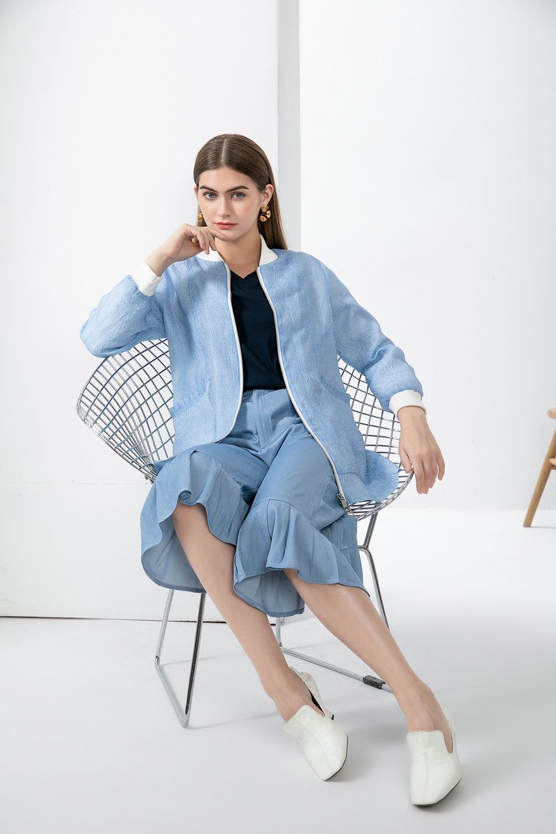 压花布长版棒球外套|蓝色|有里衬 - 女装休闲/机能外套 - 聚酯纤维 蓝色