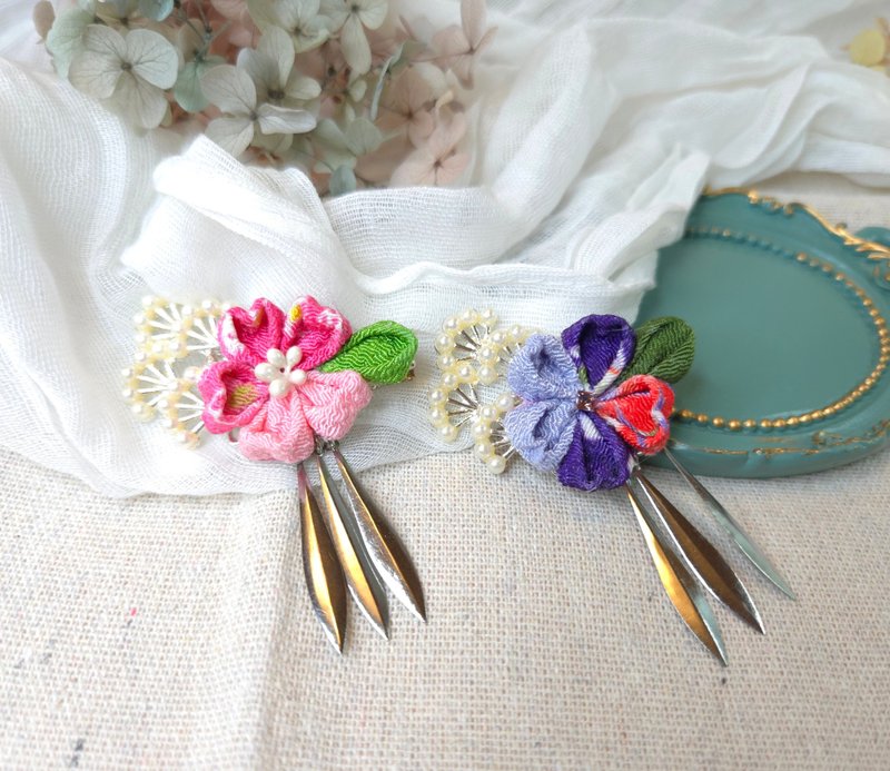 つまみ细工现代日式樱花流苏小发夹 - 发饰 - 其他材质 多色