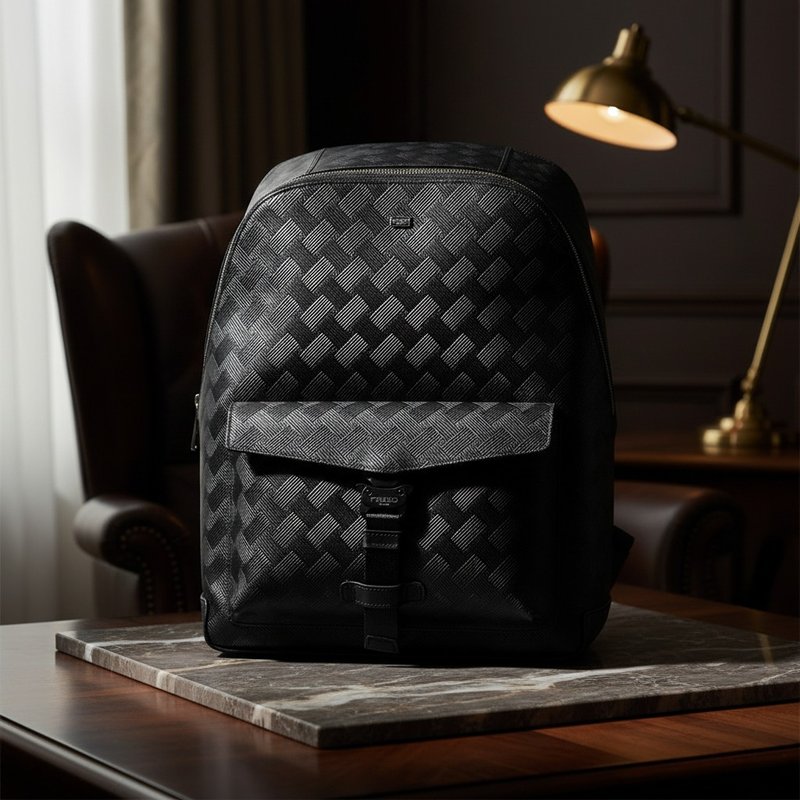 【FREED】编织压花斜方格后背包 真皮 送礼推荐 男生生日礼物 - 后背包/双肩包 - 真皮 黑色