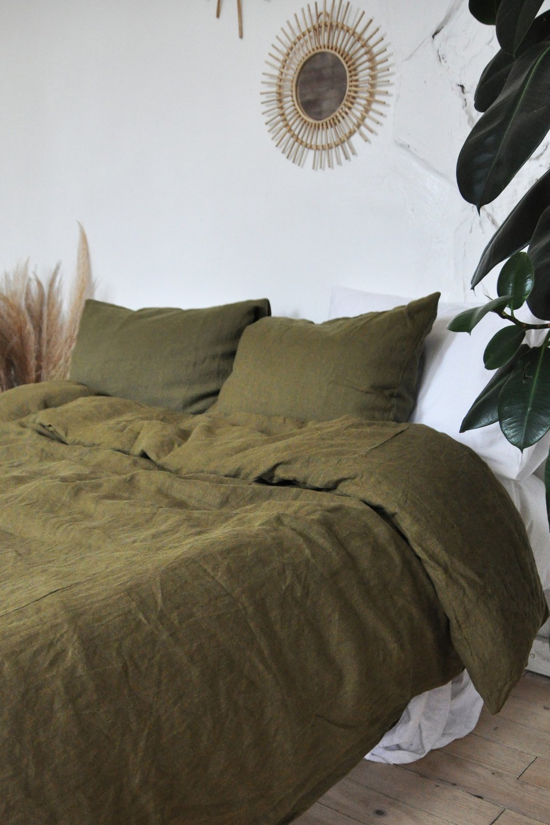 Dark olive linen duvet cover /Softened linen / Comforter cover / Quilt cover - 寝具 - 亚麻 绿色