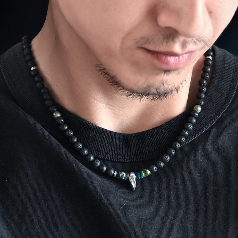 奥法.Alpha 天然黑火山岩 青金凤凰 男矿石925纯银项链 觉知力量 - 手链/手环 - 宝石 黑色