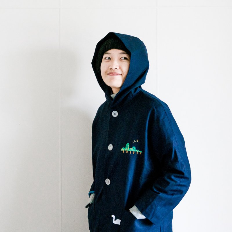 瑞典的公路风景 /// 八分袖连帽大衣 /// 蓝 - 中性连帽卫衣/T 恤 - 棉．麻 蓝色