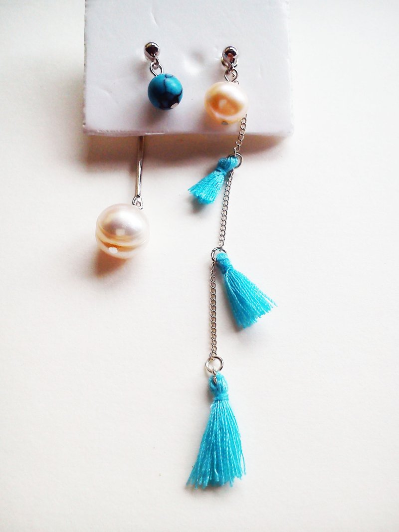 可分拆 手造超长13cm 淡水珍珠配绿松石自家设计耳环_925银耳针耳逼_Long Vocation系列 - 耳环/耳夹 - 其他金属 蓝色