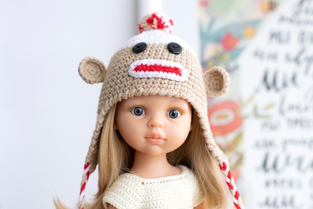 Knit hat for doll Paola Reina, Siblies, Corolle, Little Darling, monkey hat, 针织帽 - 玩具/玩偶 - 棉 多色