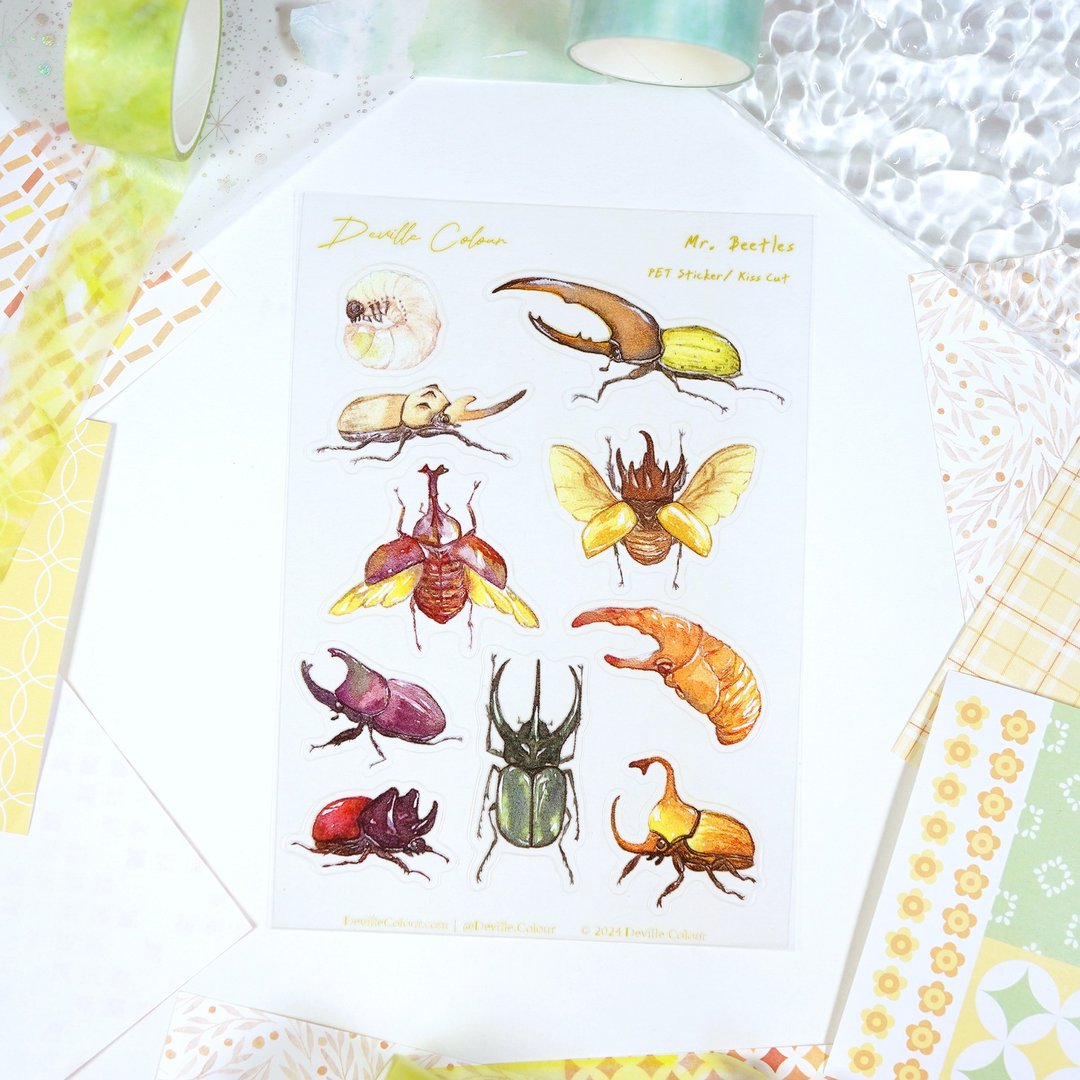【甲虫先生】水彩插画 白墨PET贴纸 手帐 昆虫 自然 独角仙 大兜 - 贴纸 - 纸 绿色