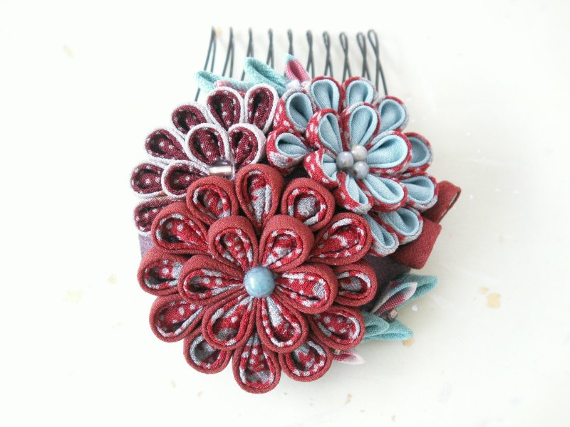 【New color】 chic and stylish hair ornament made with knob wrapping old cloth 【brown · light blue】 - 发饰 - 丝．绢 蓝色
