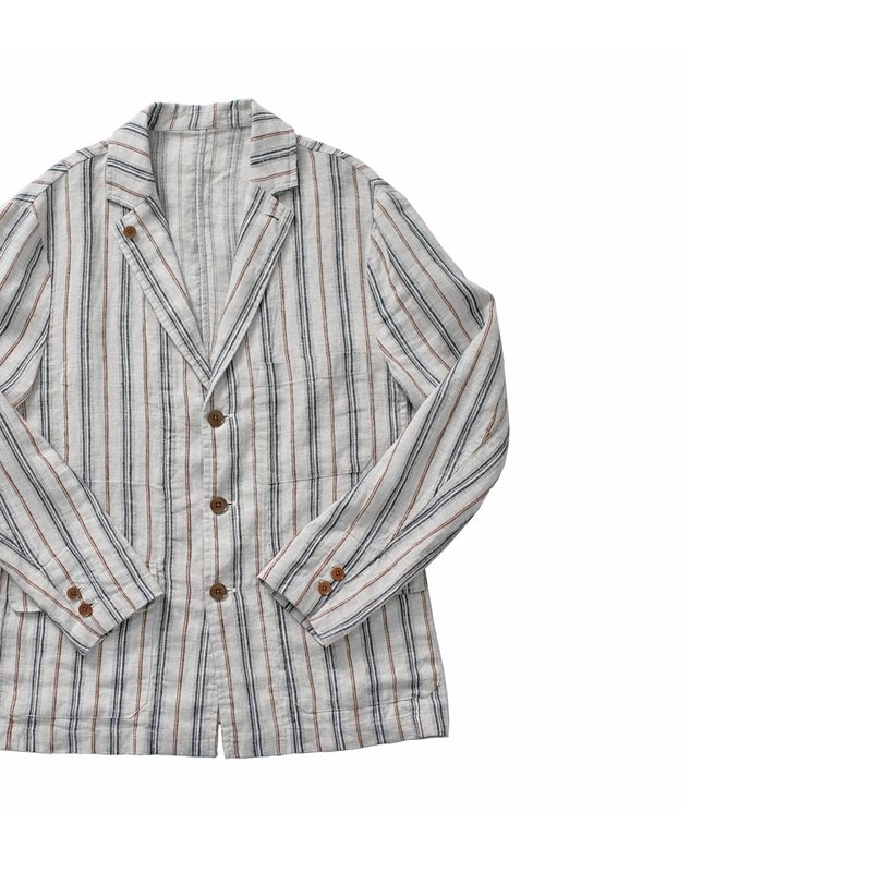 Linen Stripe jacket 复古剪裁法国亚麻水洗条纹西装 断码清仓 - 男装外套 - 棉．麻 灰色