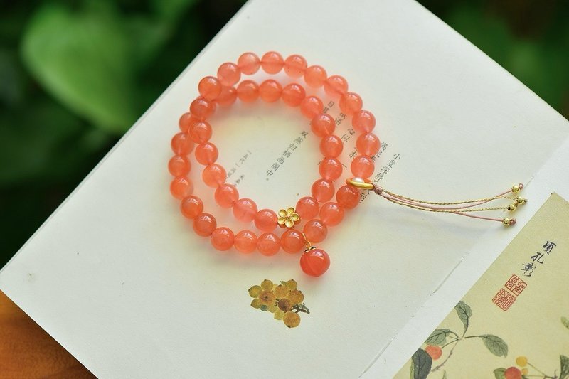 7mm天然原矿南红 南红水蜜桃设计双圈手串手链s - 手链/手环 - 半宝石 红色