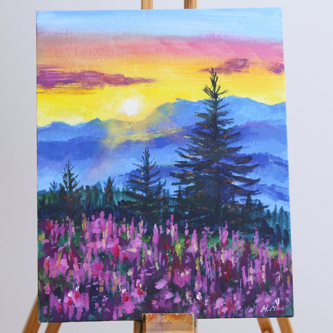 Landscape original Acrylic Painting on Canvas Mountains painting Sunset Paintin - 海报/装饰画/版画 - 棉 多色