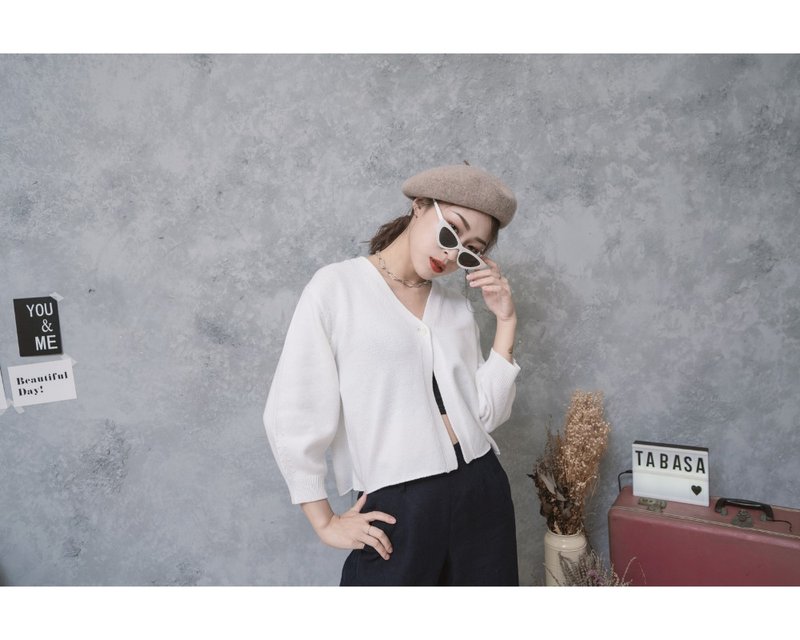 TABASA 单扣小宽袖七分针织外套 白 - 女装针织衫/毛衣 - 聚酯纤维 白色