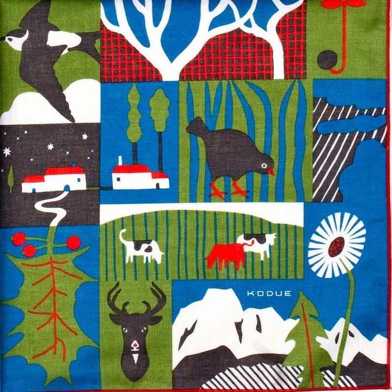 HBK绘风双层手帕 乡村风景|48X48CM|奇趣世界|独特配色|日本制 - 手帕/方巾 - 棉．麻 多色