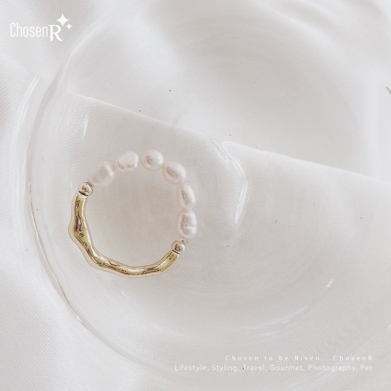 流金淡水珍珠弹力绳软戒指 - 戒指 - 其他材质 白色