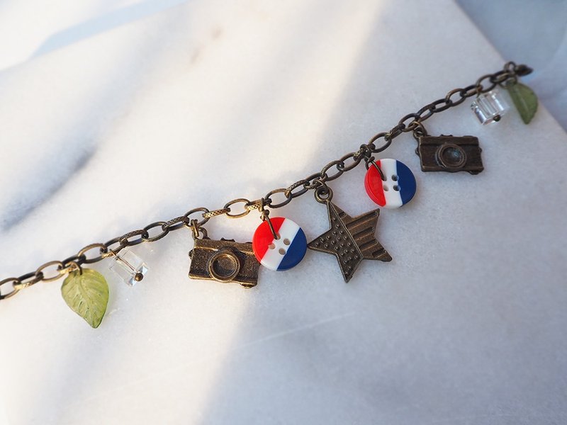 美国国旗星星 照相机 钮扣 叶子 古铜手链 P56 - 手链/手环 - 其他金属 咖啡色