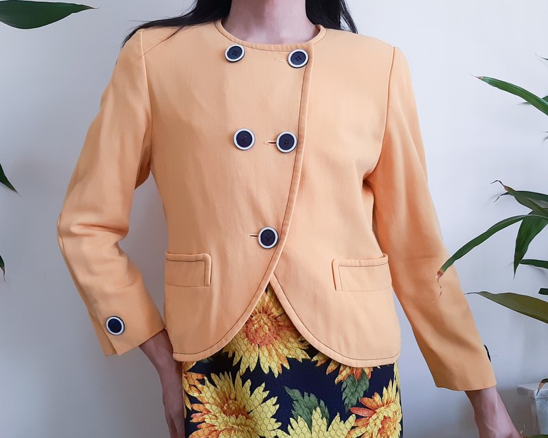 小号 - BILL BLASS 复古 90 年代黄色羊毛双排扣夹克 - 女装休闲/机能外套 - 羊毛 黄色