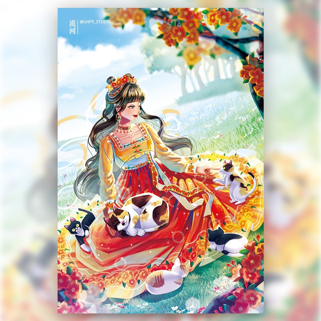 石榴花与猫咪 - 韩服女孩韩国插画明信片 (uha) - 卡片/明信片 - 纸 红色