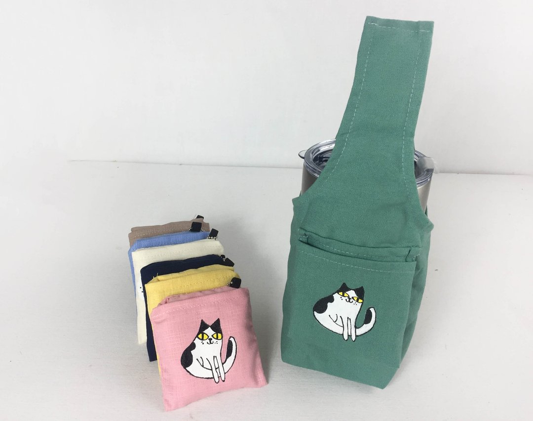 环保饮料提袋/ 乳牛猫 - 随行杯提袋/水壶袋 - 棉 绿色