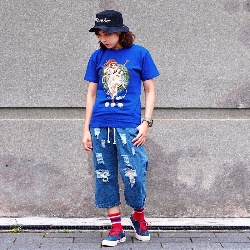 小牛村 Calf Village 古着 vintage 绝无仅有 复古百搭T恤 短袖上衣 中性棉T {日本梦弦堂} - 女装 T 恤 - 棉．麻 蓝色