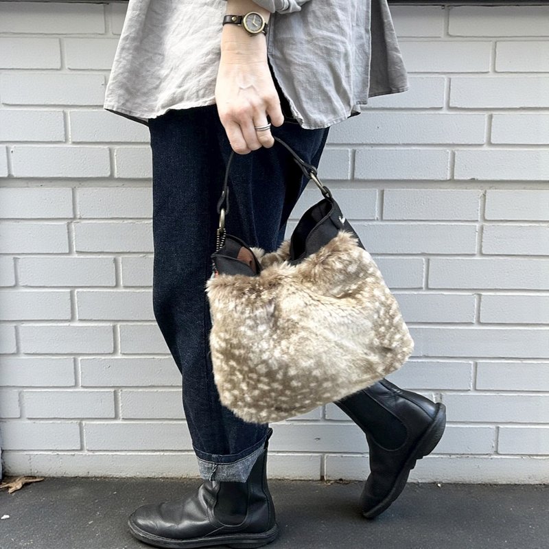 BALON-mini 黑色 x 斑纹绒毛 DB CORDURA® 拨水加工尼龙材质 x 仿麂皮绒毛包 - 手提包/手提袋 - 尼龙 黑色