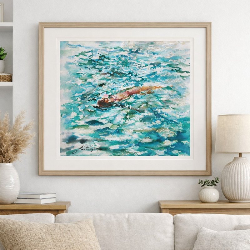 海景女子壁画，绿松石海域水彩画，女子漂浮于海中，光影 - 墙贴/壁贴 - 棉．麻 蓝色