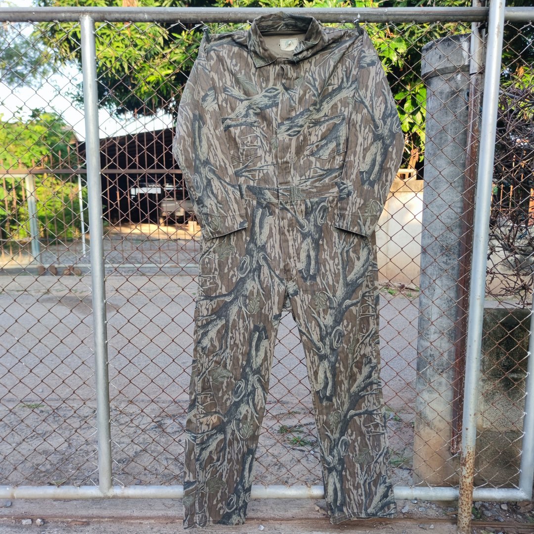 复古 80 年代 Mossy Oak 全叶迷彩狩猎纯棉连身工作服 尺寸 LG - 背带裤/连体裤 - 棉 卡其色