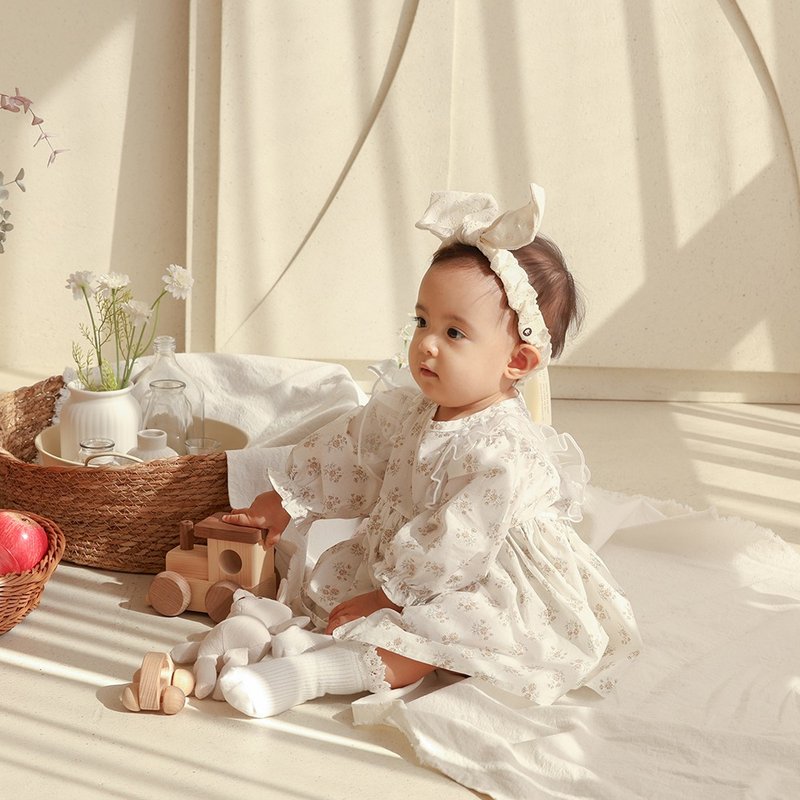 可爱的纯米色花朵棉质婴儿连身衣 - 满月礼盒 - 棉．麻 