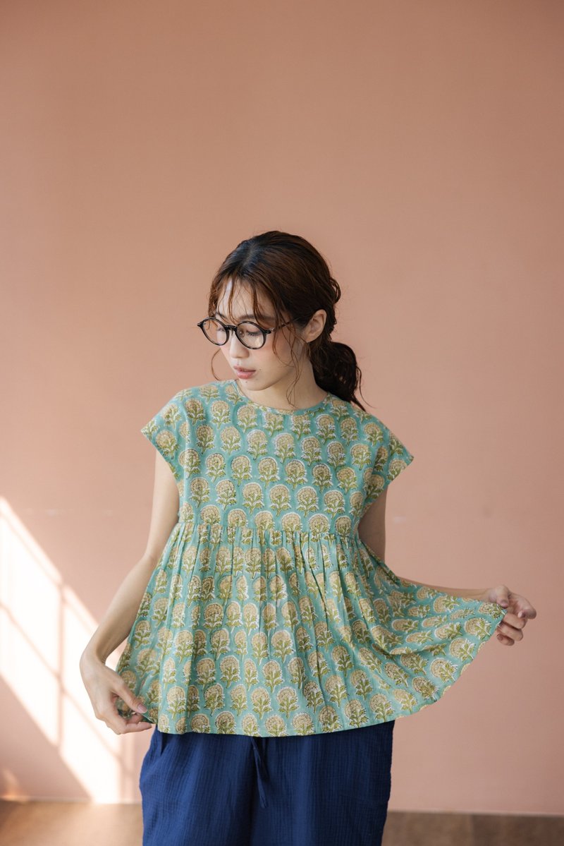 后绑带短袖上衣_绿 - 女装上衣 - 棉．麻 绿色